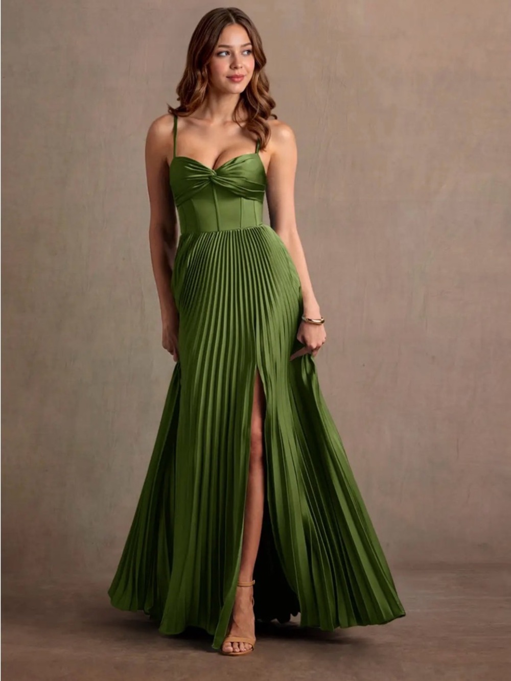 Olive Green Pleated Maxi Dress - Sleeveless Spaghetti Strap